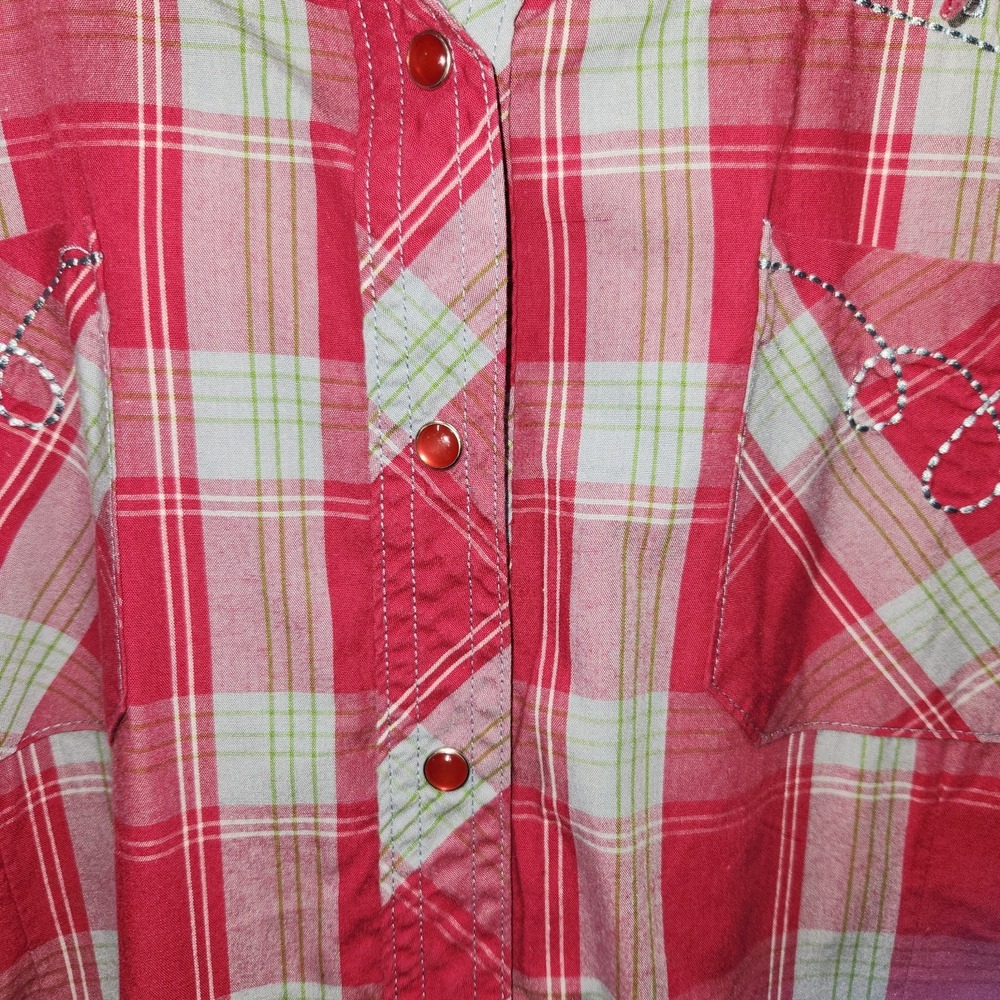 Women's Country Chic Bit & Bridle Long Sleeve Pink Plaid Rodeo Medium Shirt - Picture 4 of 6